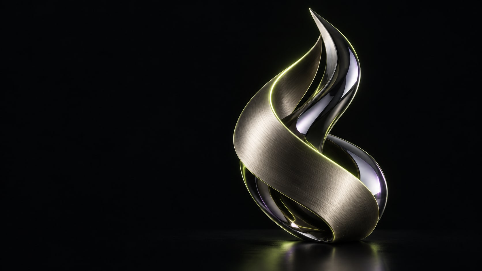 Two chrome ribbons rising like a seed of possibility, with green light at their edges